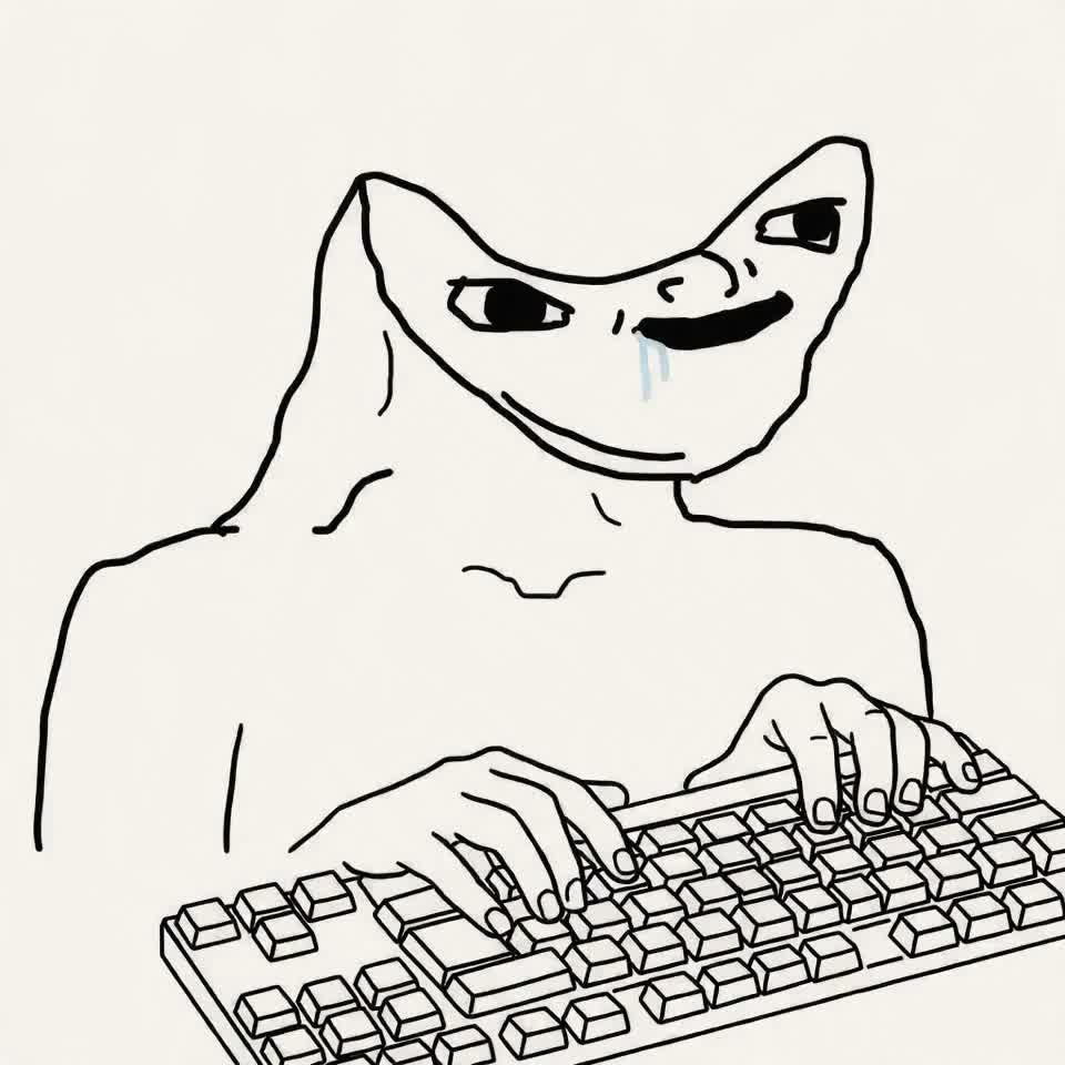 Ein Brainlet-Wojak haemmert mit beiden Haenden auf eine Tastatur.
